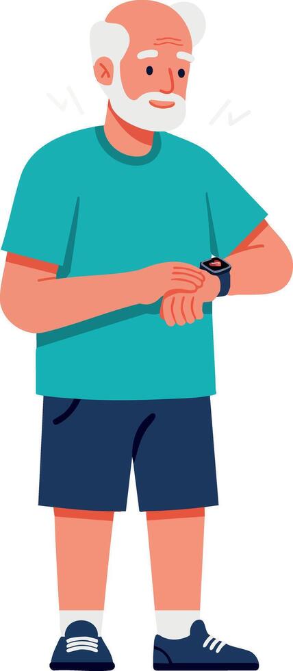 Elderly man checking smartwatch casual outfit standing illustration vector