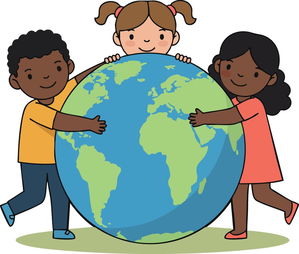 Children hugging globe earth illustration promoting unity and environmental awareness vector