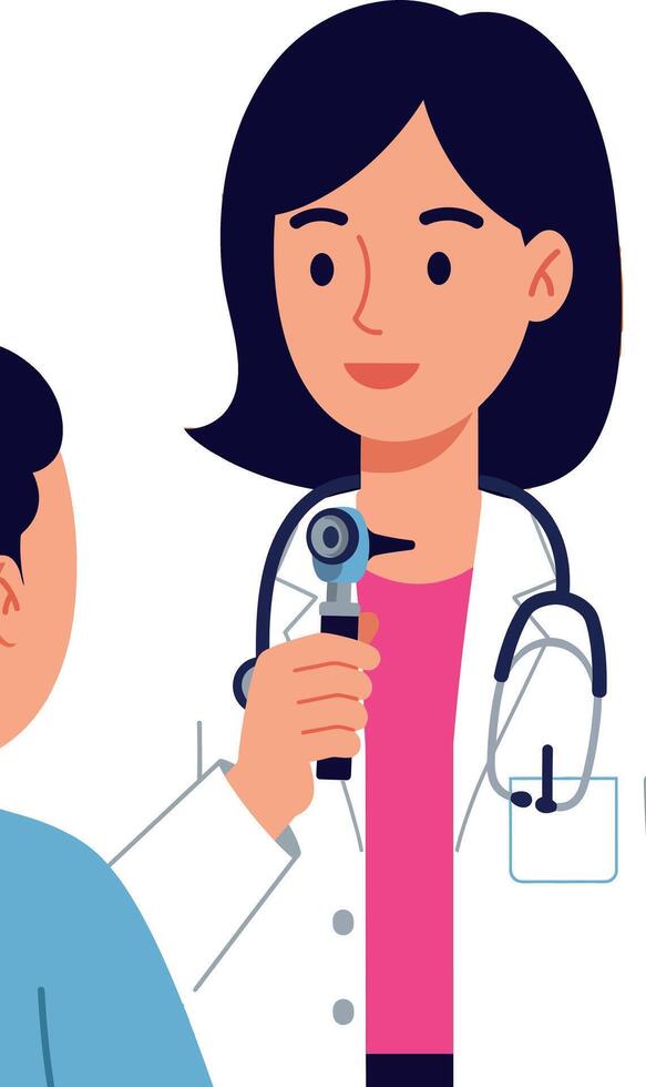 Female doctor examining male patient with otoscope medical consultation illustration vector