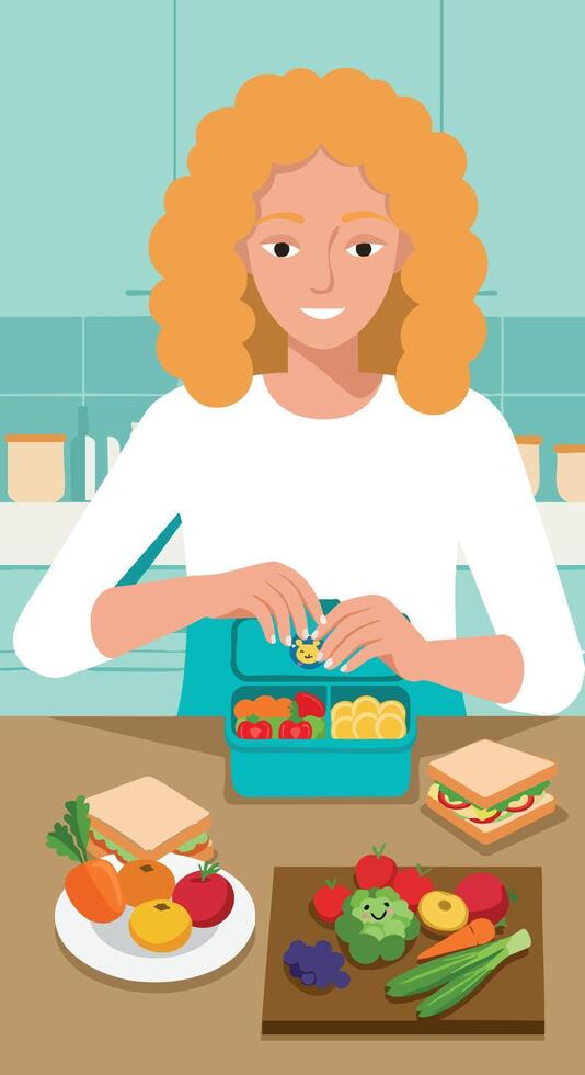 Woman preparing healthy lunch box with fresh vegetables and sandwich in kitchen interior vector