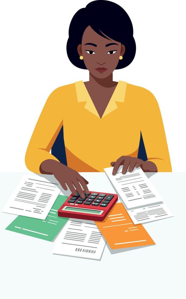 Woman calculating taxes with calculator and documents in yellow blouse illustration vector