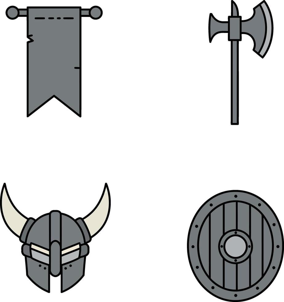 Viking Helmet Shield Axe and Banner Illustration Set in Gray and Brown Colors vector