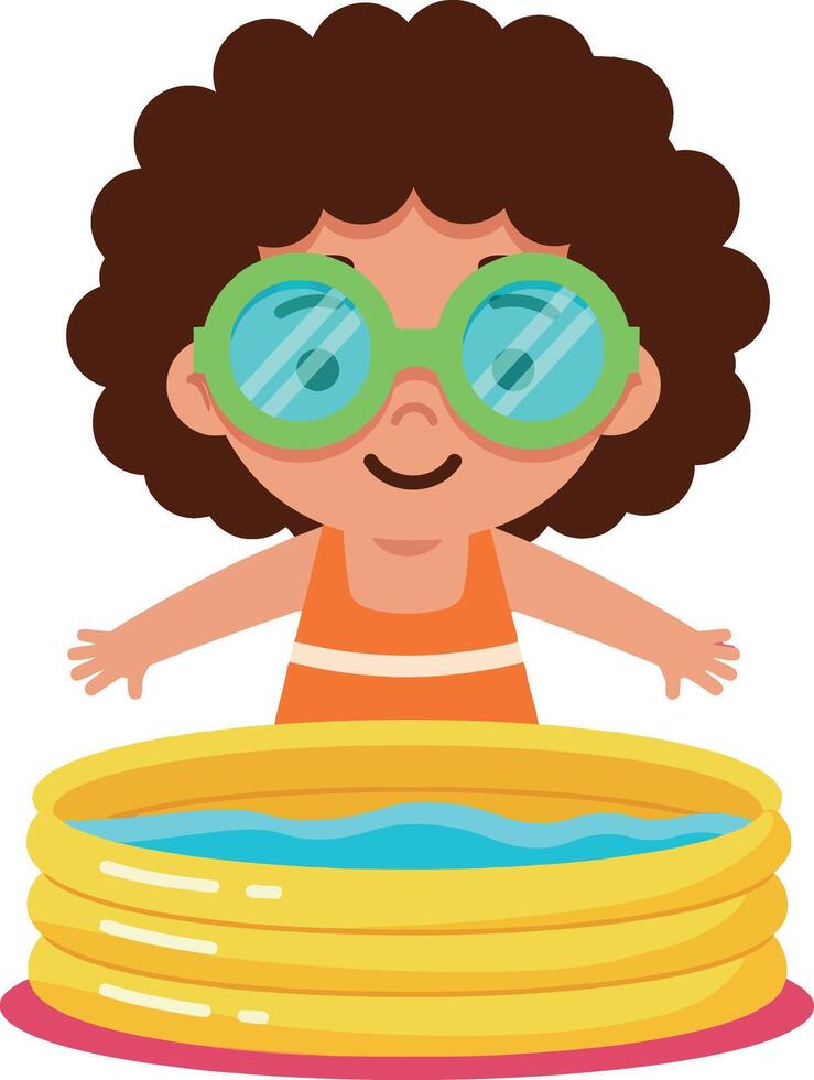 Child with curly hair wearing green goggles playing in yellow inflatable pool illustration vector