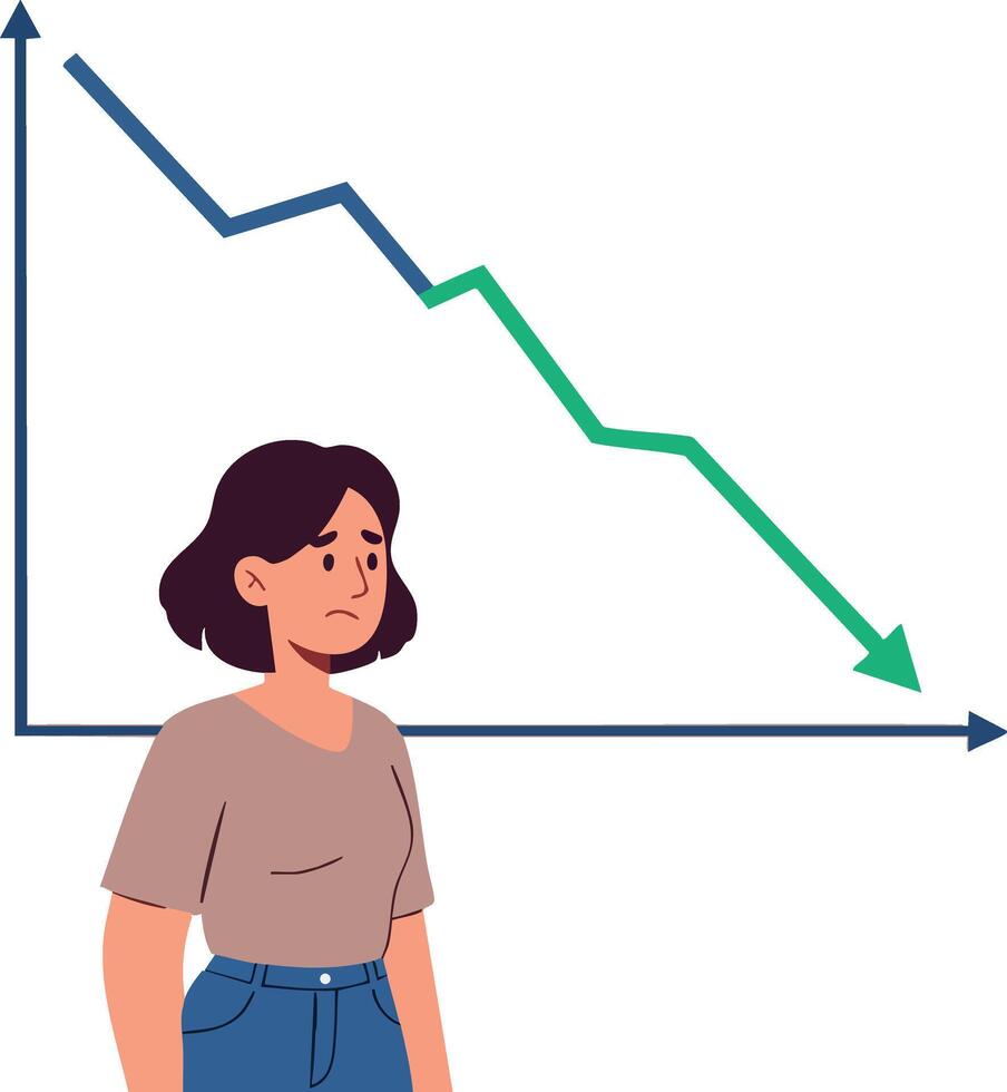 Sad woman standing in front of declining graph showing economic or personal loss illustration vector