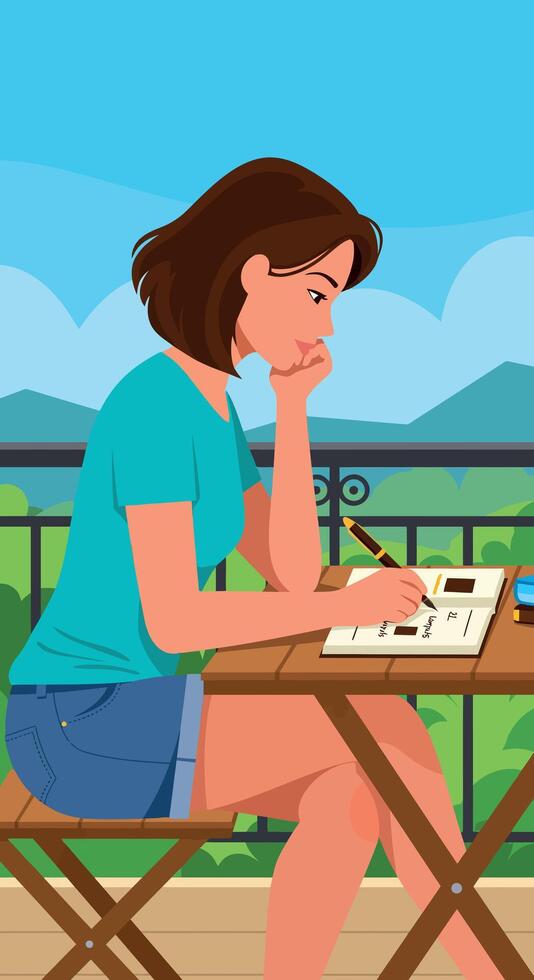 Woman writing diary outdoors with mountains background in casual summer setting vector