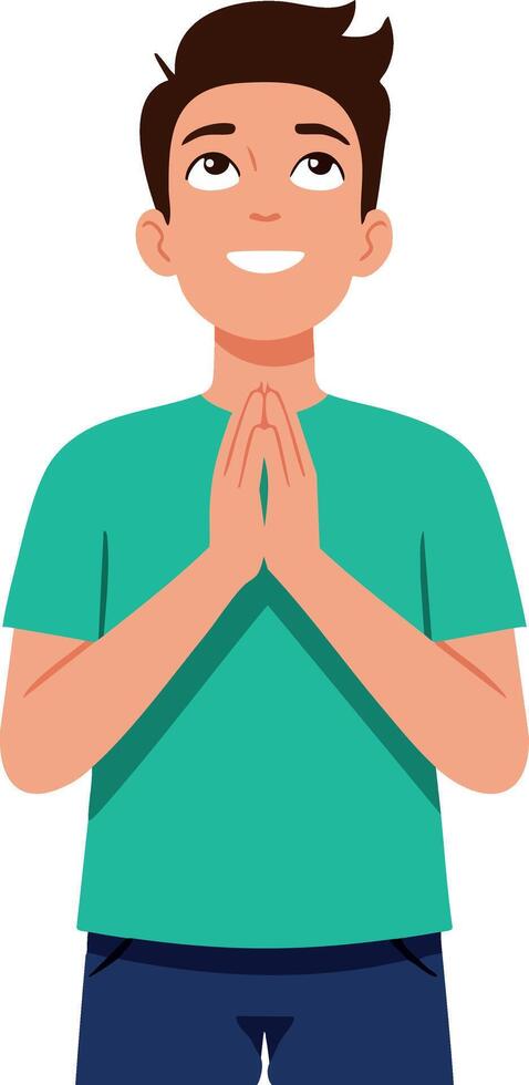 Young man praying with hands together hopeful expression illustration vector