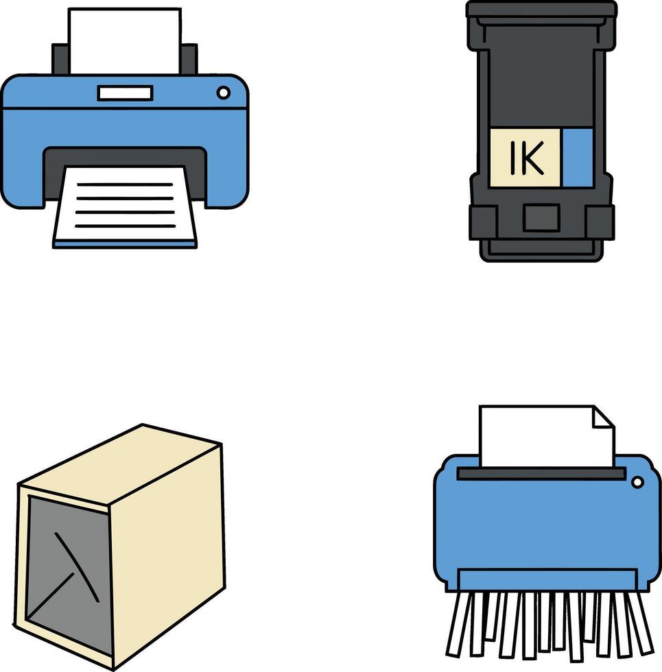 Printer and Ink Cartridge with Paper Shredder and Packing Box Illustration Set vector