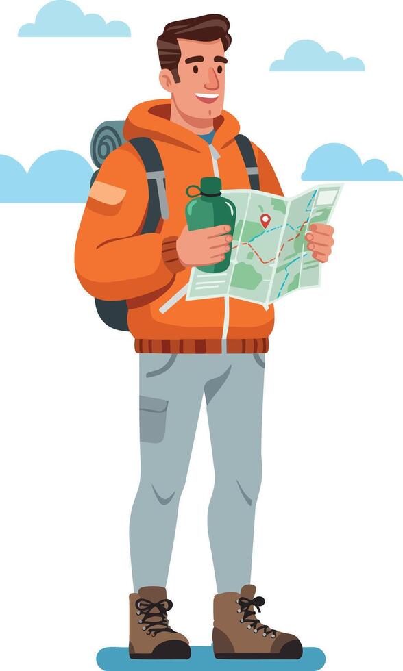 Male hiker exploring with map and water bottle in orange jacket illustration vector