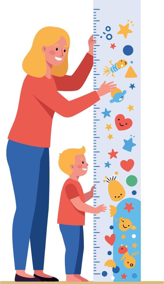 Mother and Son Measuring Height Growth Chart with Colorful Shapes and Symbols Illustration vector