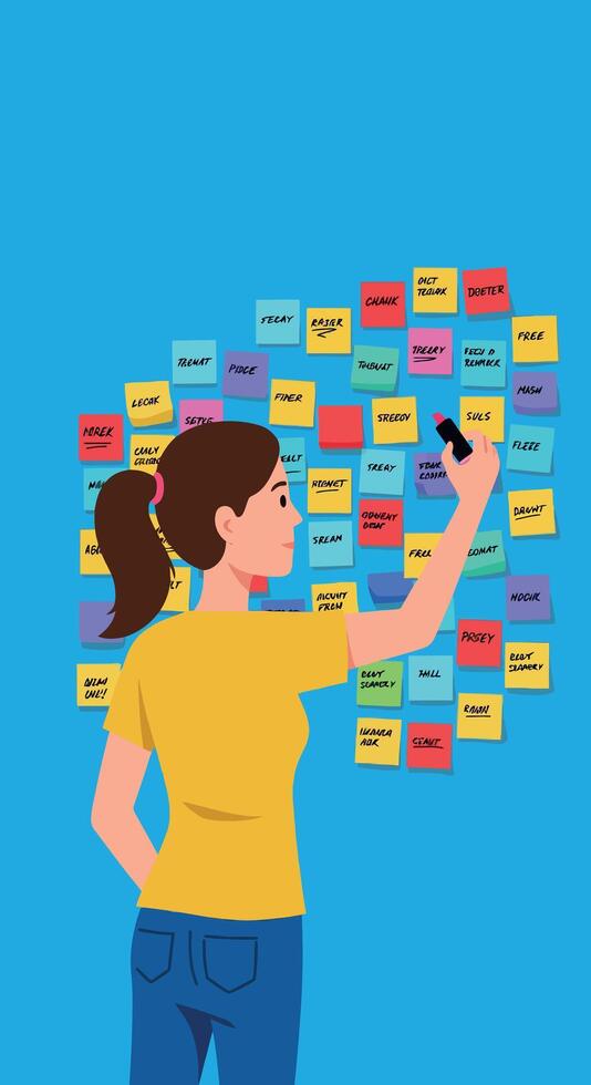 Woman organizing colorful sticky notes on blue wall in portrait orientation illustration vector