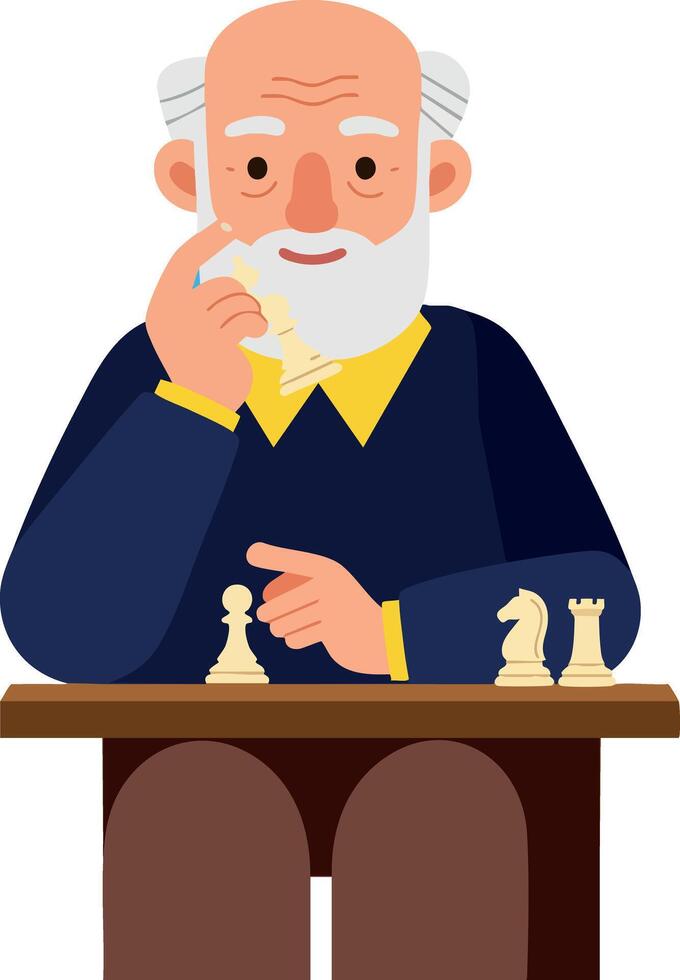 Elderly man playing chess strategy game sitting at table illustration vector