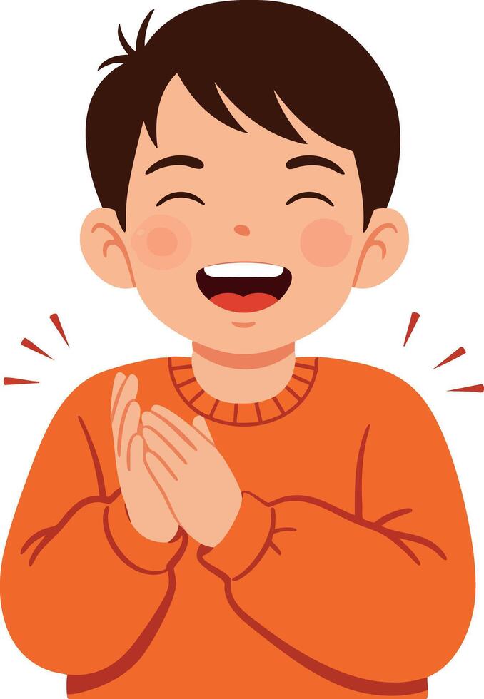 Laughing happy boy in orange sweater clapping hands illustration smiling child joy vector