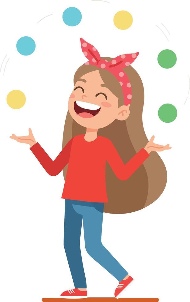 Girl Juggling Colorful Balls in Red Shirt and Blue Jeans Happy Activity vector