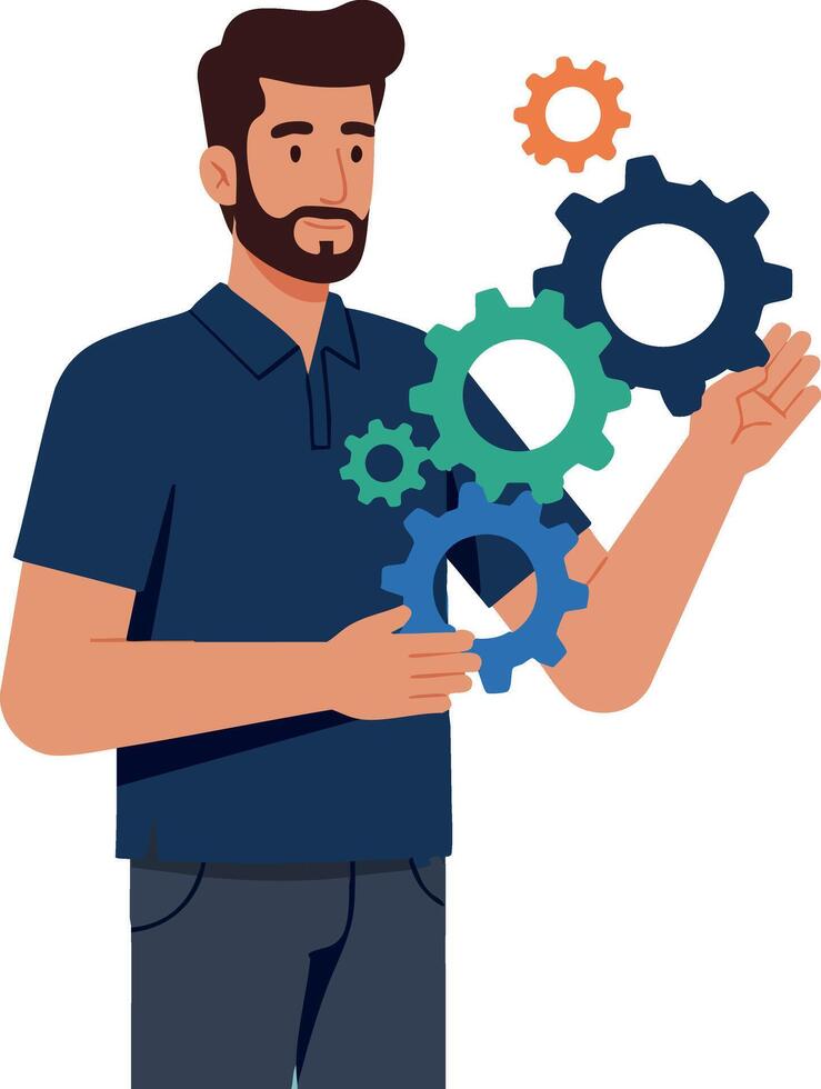Man Holding Colorful Gears Symbolizing Engineering and Technology Concepts in Illustration vector