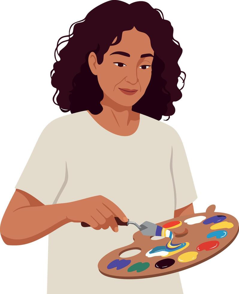 Woman painting with color palette and brush creating artistic expression illustration vector
