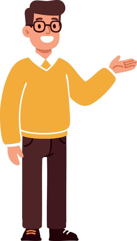 Young man with glasses and yellow sweater presenting with smile illustration vector