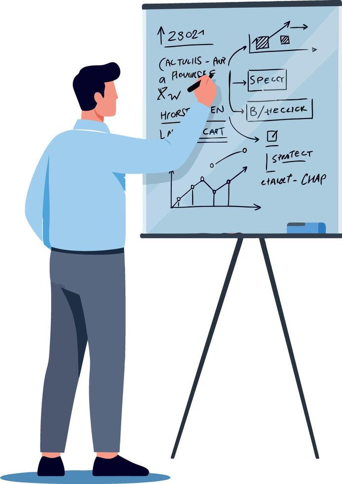 Man presenting business growth and financial data on flip chart in office setting illustration vector