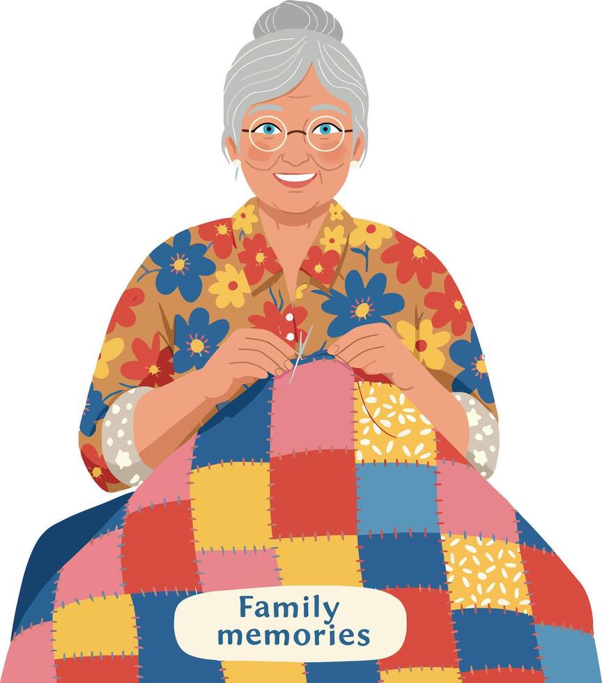 Elderly woman knitting colorful patchwork quilt creating family memories illustration vector