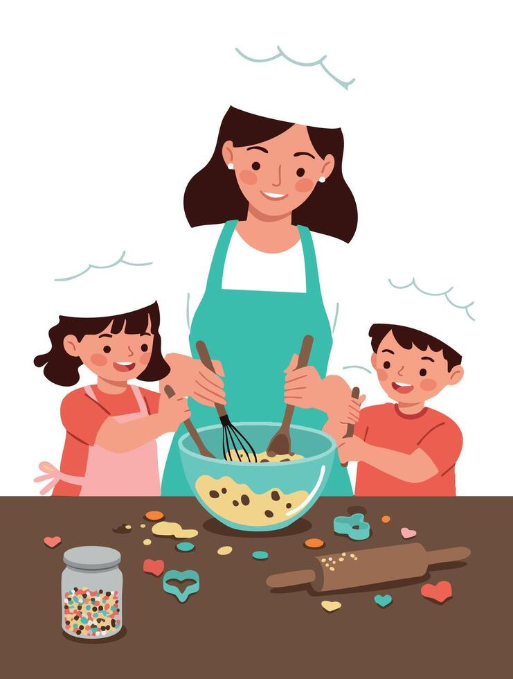 Mother and children baking cookies together in kitchen with pastel colours and happy expressions vector