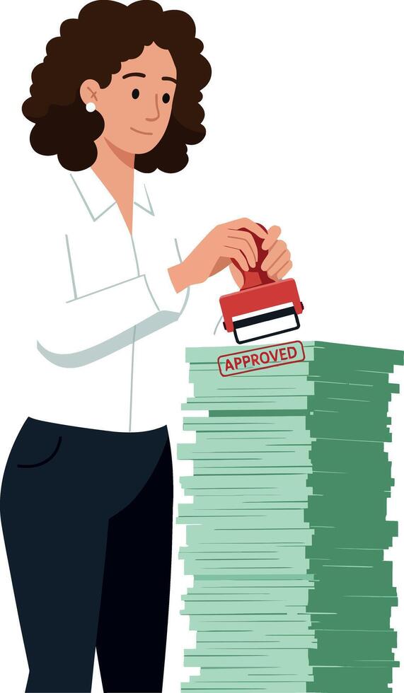 Woman stamping documents with approved red stamp on tall paper stack illustration vector