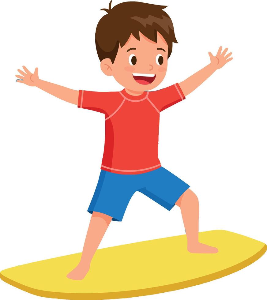Boy surfing on yellow board in red shirt and blue shorts illustration vector