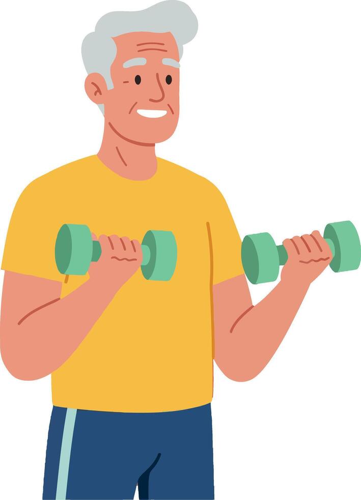 Senior man exercising with green dumbbells in yellow shirt and blue pants illustration vector