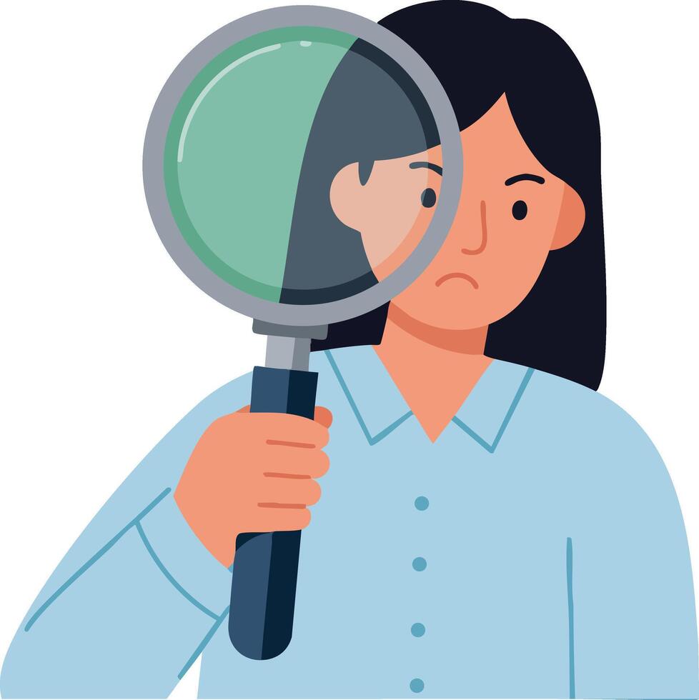 Woman holding magnifying glass inspecting face expression illustration vector