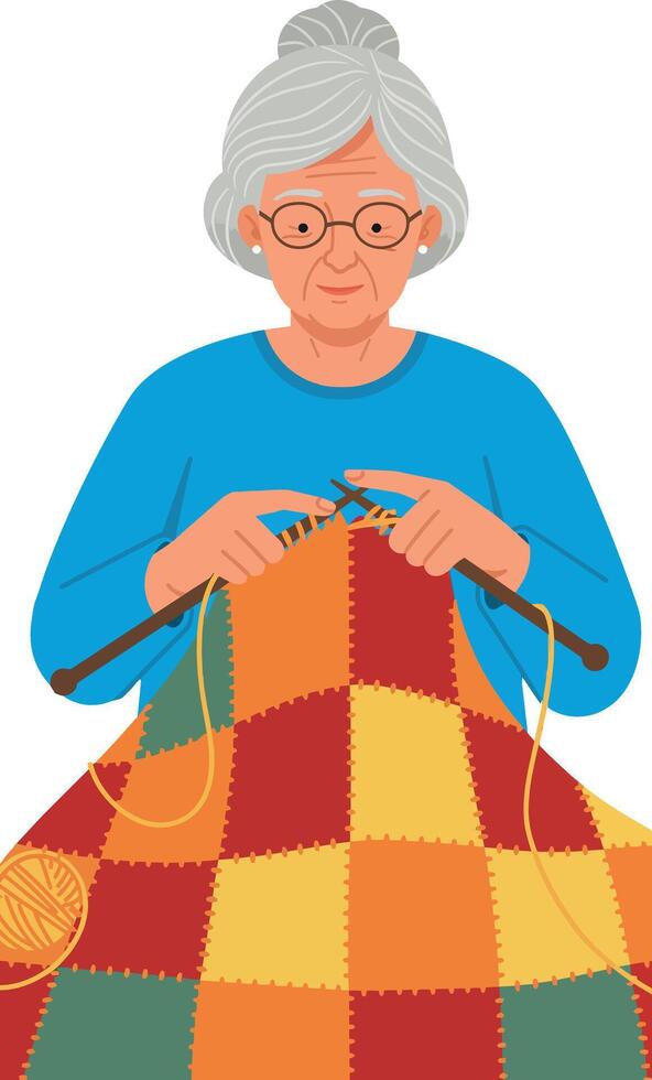 Elderly Woman Knitting Colorful Patchwork Blanket in Portrait Style Illustration vector
