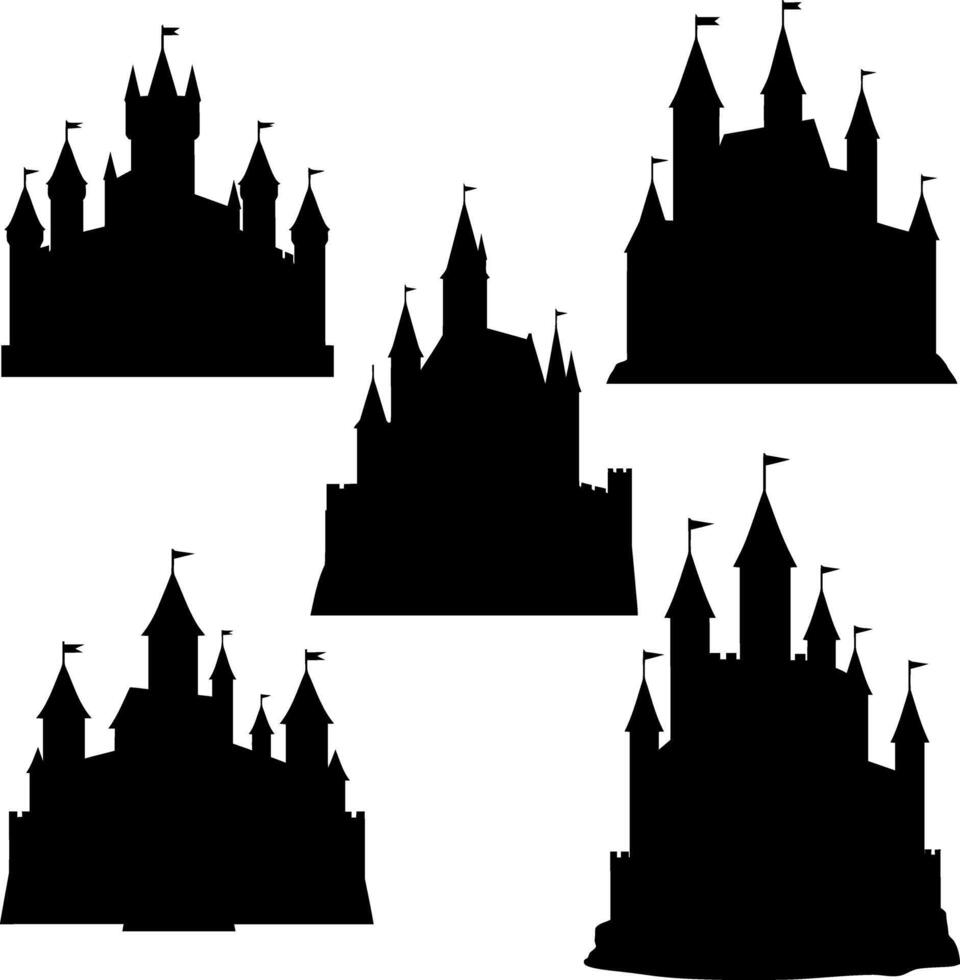 Castle silhouettes collection with multiple turrets and flags illustration set vector
