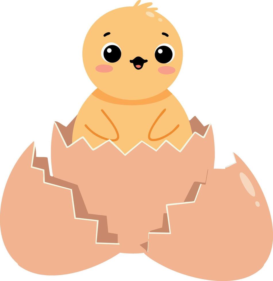 Baby chick hatching from cracked egg shell cute yellow bird illustration vector