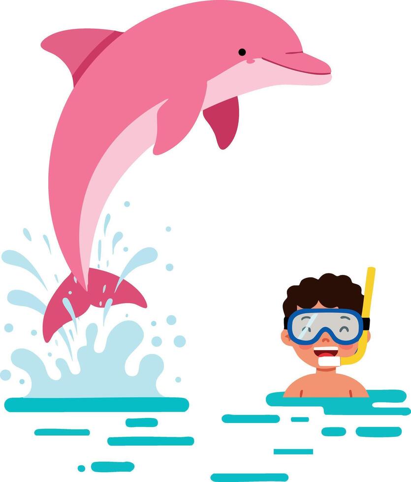 Pink dolphin jumping near snorkeler in water with splashes illustration vector