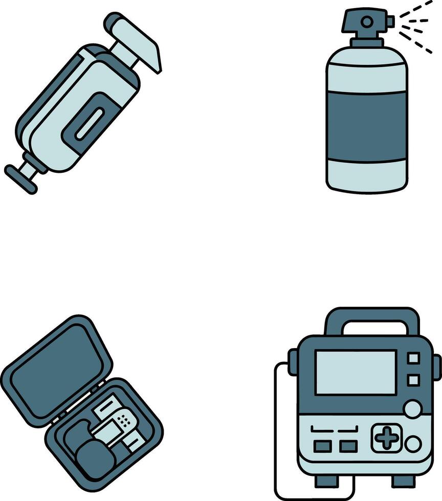 Medical equipment set with syringe spray kit and infusion pump icons vector