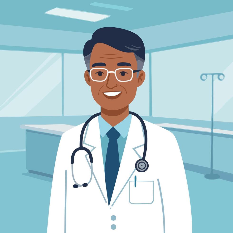 Male doctor with stethoscope in hospital medical office illustration smiling vector