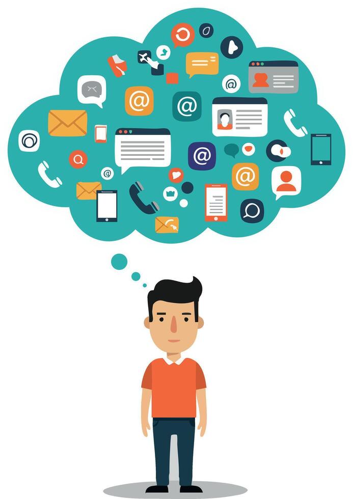 Man thinking about digital communication icons and social media symbols illustration vector