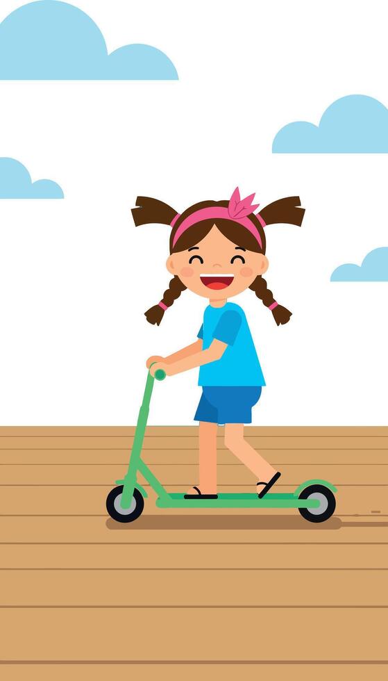Happy girl riding green scooter outdoors under blue sky with clouds illustration vector