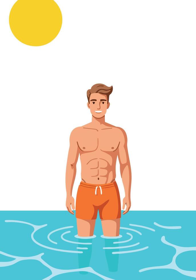 Young man standing in blue water with orange shorts under yellow sun illustration vector