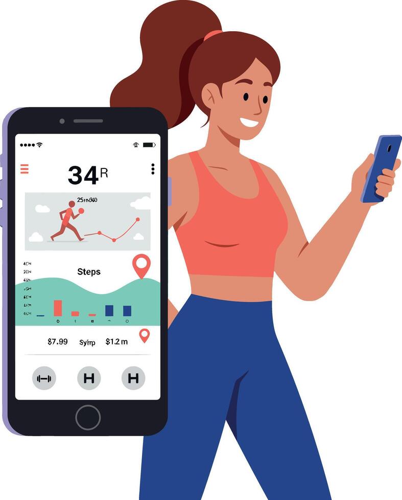 Woman Using Fitness Tracker Phone App for Running and Step Counting Illustration vector