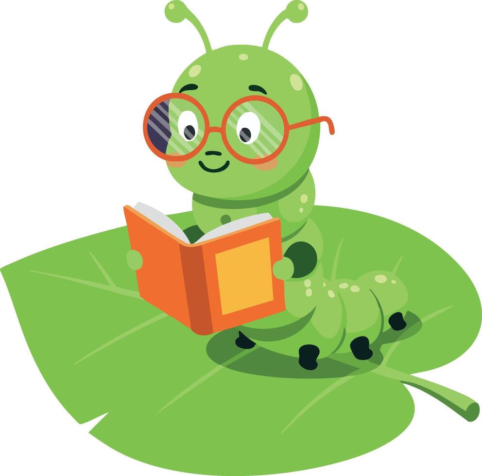 Green caterpillar reading book on leaf with glasses illustration 65901451  Vector Art at Vecteezy