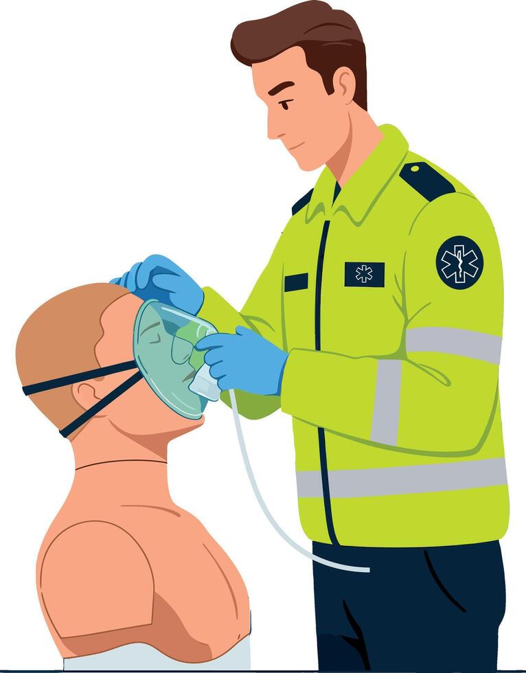 Emergency medical technician applying oxygen mask to patient illustration vector