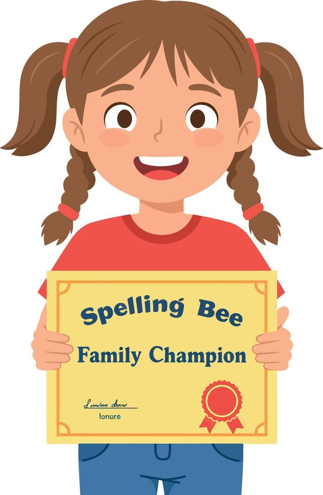 Girl holding spelling bee family champion certificate smiling happily illustration vector