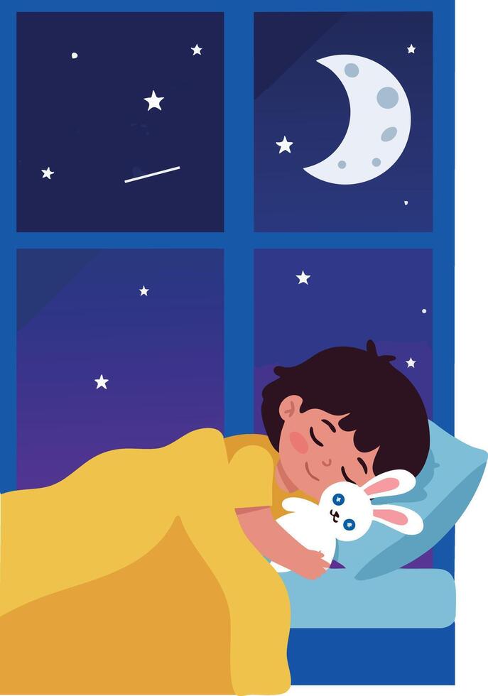 Child sleeping at night holding stuffed bunny under moon and stars window illustration vector