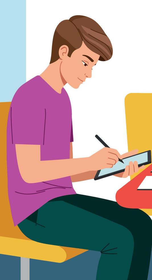 Young man writing on digital tablet with stylus in casual setting illustration vector
