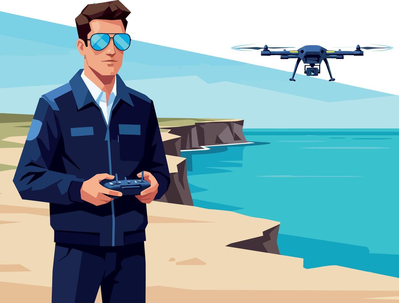 Man Operating Drone Over Coastal Cliffs and Blue Sea Illustration vector