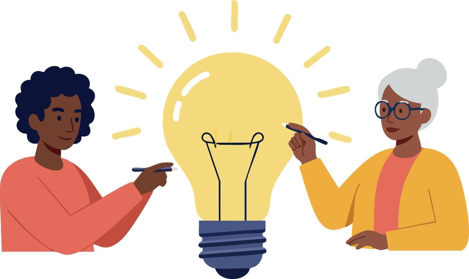 Diverse people collaborating on bright light bulb idea innovation creativity teamwork concept illustration vector