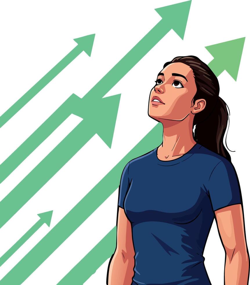 Woman looking upward with green arrows symbolizing growth and progress illustration vector