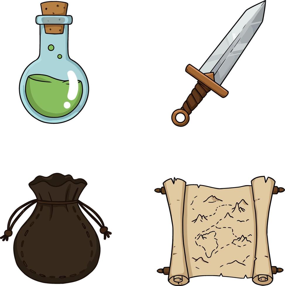 Potion bottle sword leather pouch and ancient map illustrations for fantasy adventure games and stories vector
