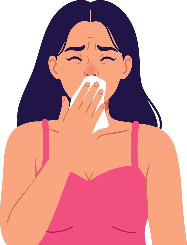 Woman Sneezing with Tissue Illustration Showing Cold or Allergy Symptoms in Pink Top vector