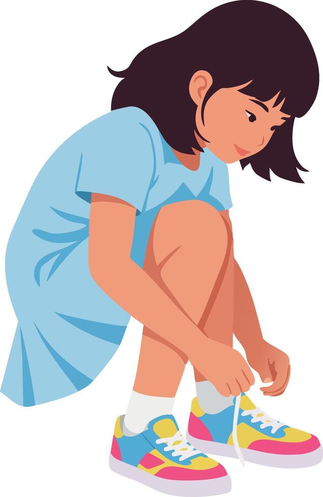 Young girl tying shoelaces sitting down in blue dress illustration vector