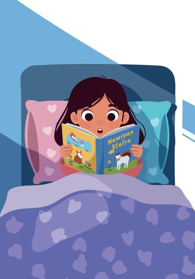 Girl Reading Bedtime Storybook in Cozy Bedroom at Night Illustration vector