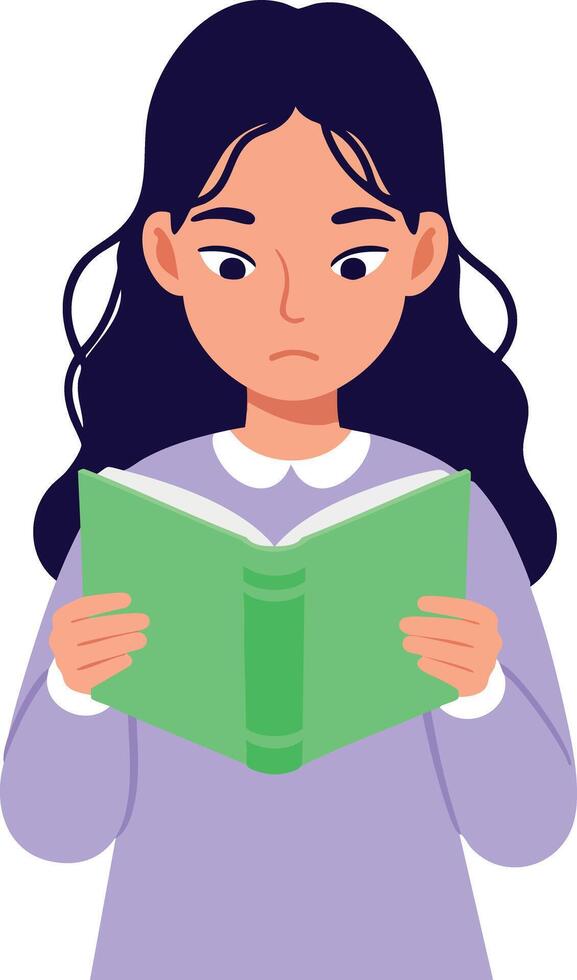 Girl Reading Green Book with Focused Expression in Illustration vector